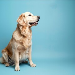 Golden Retriever sitting serenely on a soft blue background ample copy space for a calming effect