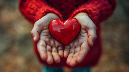 A child in a red jacket and muddy gloves holds a small, red heart. - obrazy, fototapety, plakaty