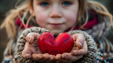 A child in a red jacket and muddy gloves holds a small, red heart.
