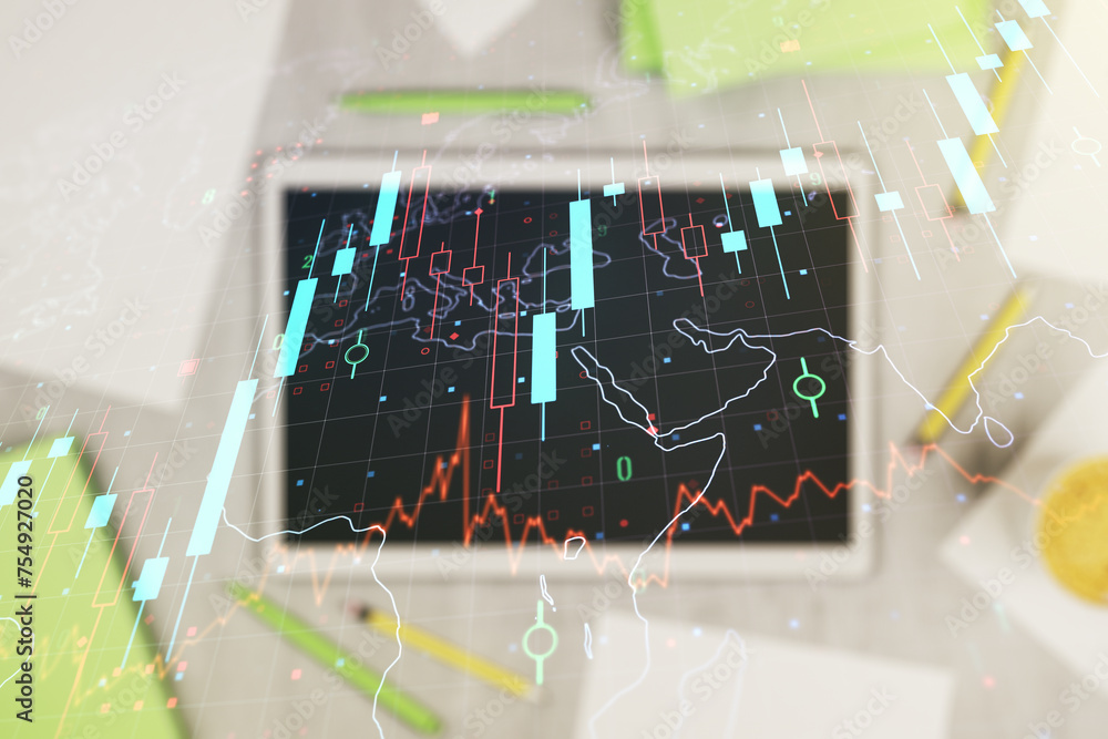 Poster multi exposure of abstract creative financial chart with world map and digital tablet on background,