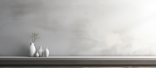 A black and white image featuring three vases placed neatly on a gray shelf against a blurred wall with windows in the background.