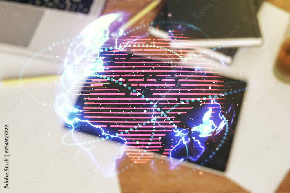 Poster double exposure of abstract digital world map with connections and modern digital tablet on backgrou