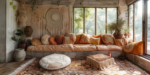 Boho Scandinavian style in farmhouse interior. Bedroom with natural wooden furniture.