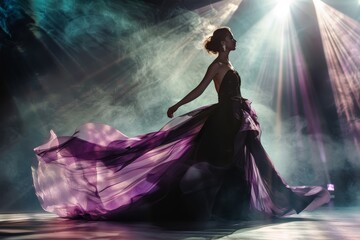 Elegant dancer in a flowing purple dress amidst dramatic lighting - obrazy, fototapety, plakaty