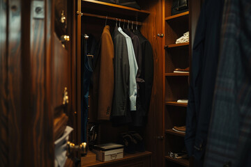 Naklejka premium Organized wooden wardrobe with clothes and accessories