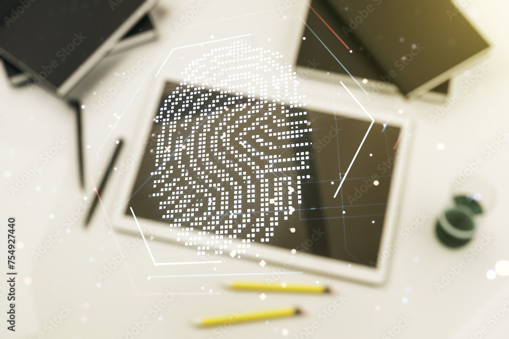 Poster multi exposure of abstract graphic fingerprint sketch and modern digital tablet on desktop on backgr