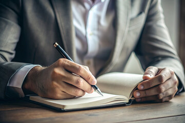 Close-up of a Man Writing in a Journal with Pen and Paper
 - obrazy, fototapety, plakaty