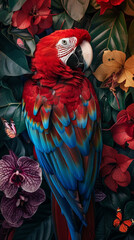 Vibrant red macaw among tropical flora, captivating with butterflies nearby.