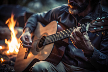 Close-up of a Man Playing Acoustic Guitar by the Campfire
