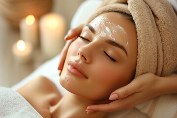 Obraz na płótnie Canvas top down view of a woman getting a European facial massage in a beautiful luxurious day spa