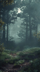 Mystical forest pathway with soft light piercing through the mist, evoking enchantment and serenity.