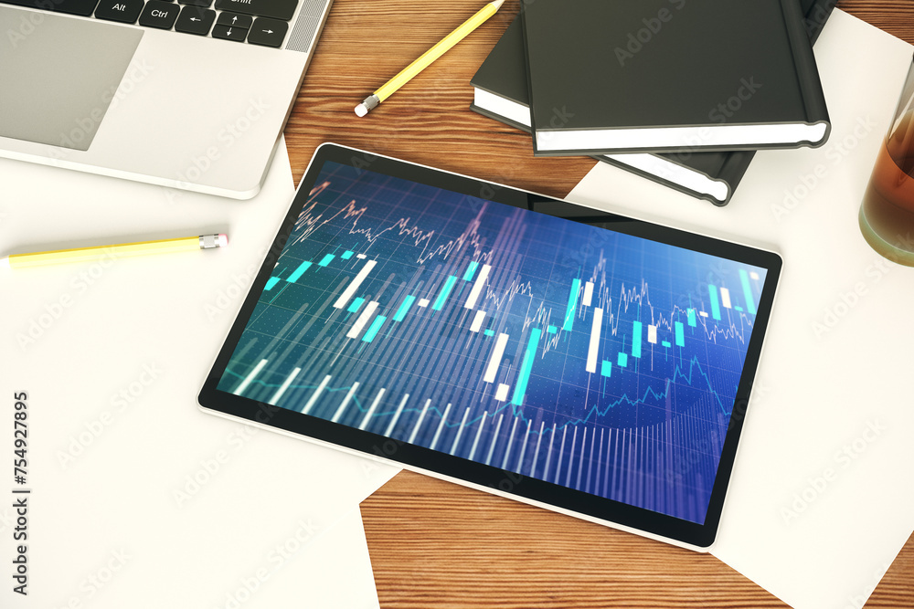 Poster Top view of abstract creative financial diagram on modern digital tablet display, banking and accounting concept. 3D Rendering
