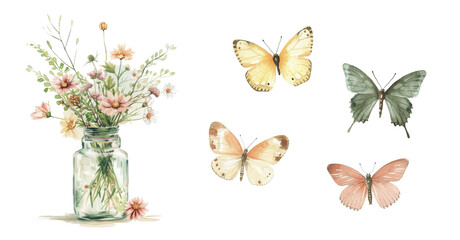 Watercolor butterflies and flowers in a jar