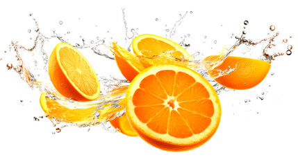Orange sliced pieces flying in the air with water splash isolated on transparent png.
