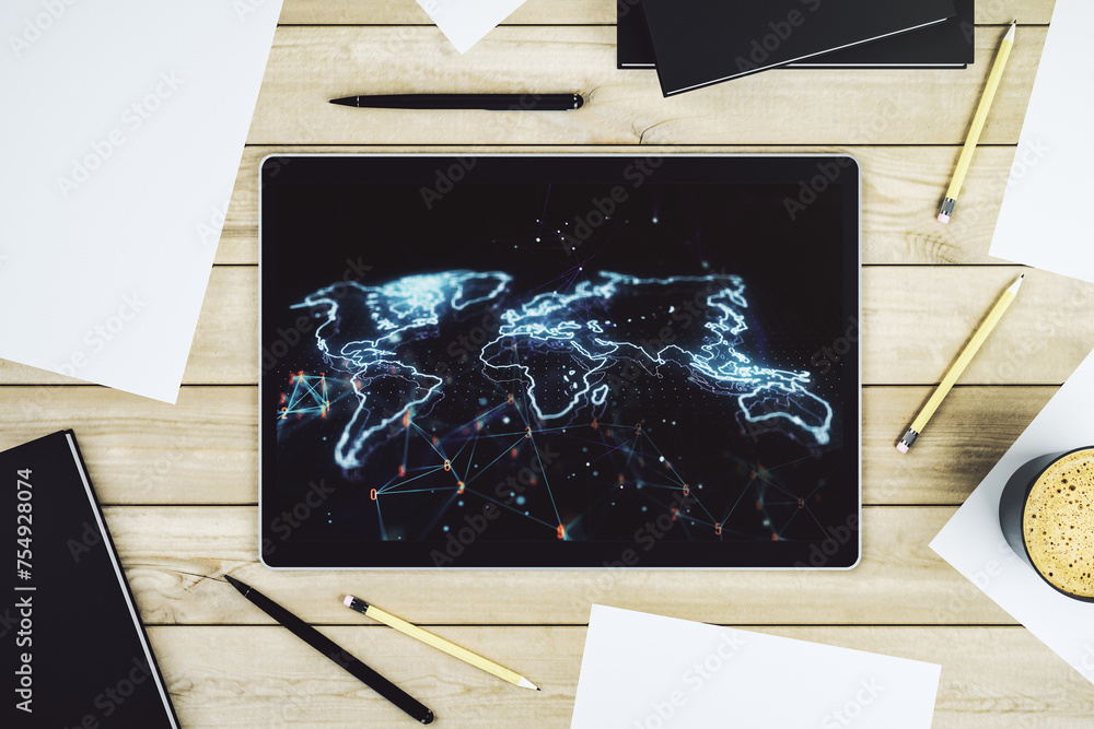 Aufkleber modern digital tablet display with abstract creative world map, research and analytics concept. top 