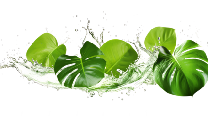 Monstera deliciosa flying in the air with water splash isolated on transparent png.
