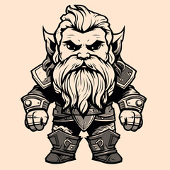 Black and White Dwarf (gnome) Character Outline Silhouette Ornament Vector Art for Logo and Icon, Sketch, Tattoo, Clip Art