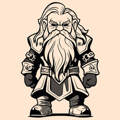 Black and White Dwarf (gnome) Character Outline Silhouette Ornament Vector Art for Logo and Icon, Sketch, Tattoo, Clip Art