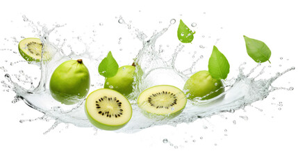 Maypop sliced pieces flying in the air with water splash isolated on transparent png.
