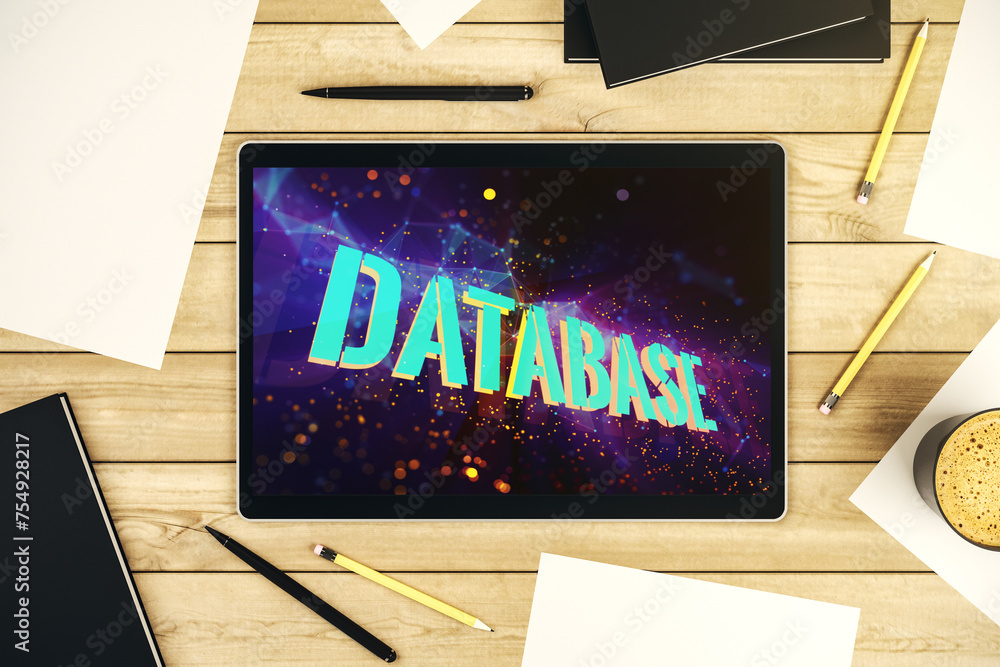 Fototapete top view of modern digital tablet monitor with database word sign, global research and analytics con
