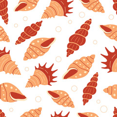 Seashells seamless pattern. Trendy background of seashells for wrapping paper, web, textile. Marine decoration. Flat style