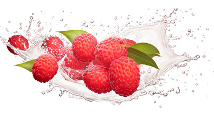 Lychee sliced pieces flying in the air with water splash isolated on transparent png.
