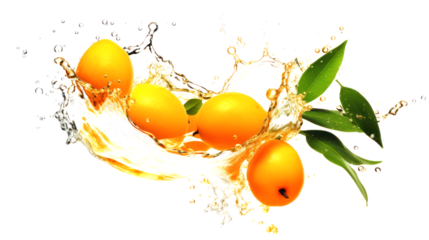 Loquat sliced pieces flying in the air with water splash isolated on transparent png.
