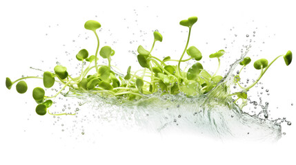 Lentil sprouts sliced pieces flying in the air with water splash isolated on transparent png.
