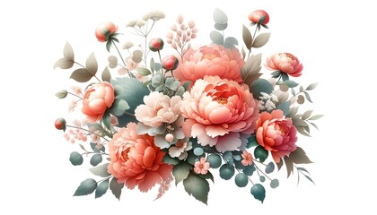 Watercolor illustration of Coral Charm Peony flowers