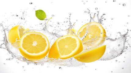 Lemon sliced pieces flying in the air with water splash isolated on transparent png.
