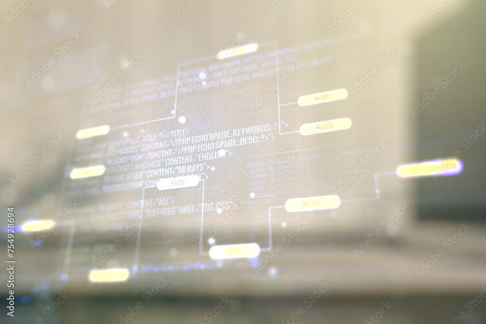 Poster Multi exposure of abstract graphic coding sketch on blurry contemporary office building background, big data and networking concept