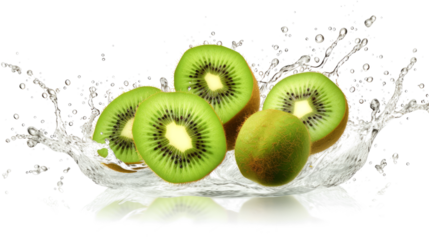 Kiwi sliced pieces flying in the air with water splash isolated on transparent png.
