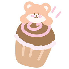 Chocolate cupcake with teddy bear for sweet dessert, cafe, restaurant, menu, recipe, baking, sticker, cartoon character, mascot, comic, plush toy, doll, brunch, birthday party, card, ads, print