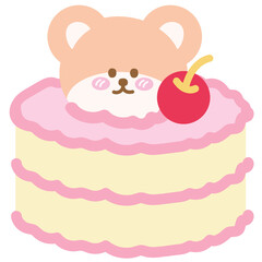 Vanilla cake with pink frosting, cherry and teddy bear for sweet dessert, cafe, restaurant, menu, recipe, baking, sticker, cartoon character, mascot, comic, plush toy, doll, brunch, birthday card, ads