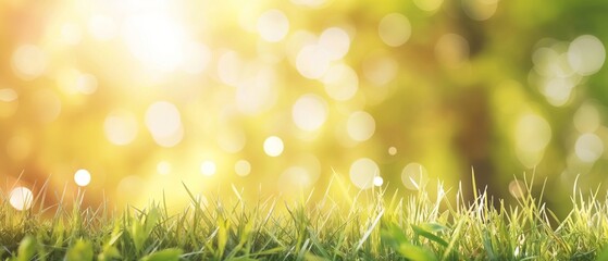 front view of green grass with bokeh background and sunlight effect - Powered by Adobe