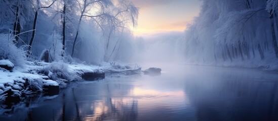 A foggy day creates a mysterious atmosphere around the snowcovered trees by the river. The sky is filled with cumulus clouds, adding to the enchanting natural landscape