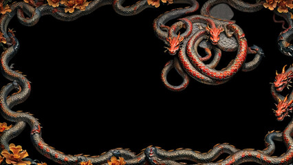 Cover, frame of a snake on a black background, design element. Illustration