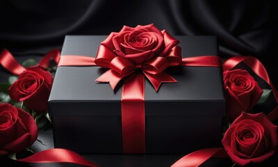A black gift box with a red ribbon and roses on it