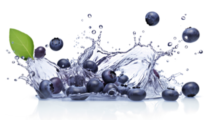 Huckleberry sliced pieces flying in the air with water splash isolated on transparent png.
