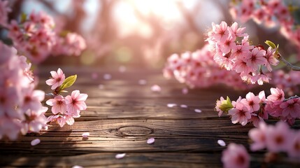 spring background with sakura flowers and brown wooden table 
