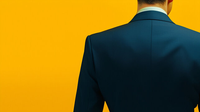 back of a man wearing a black suit on an isolated yellow background with copy space for text. Corporate image style style. For design, banner, presentation, template, layout, advertisement, cover,