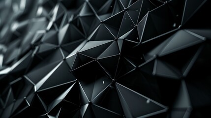 A dark abstract background with geometric shapes, rendered in the style of lowpoly. The surface is covered in triangular shapes that form complex patterns, creating shadows and highlights to give it a - obrazy, fototapety, plakaty