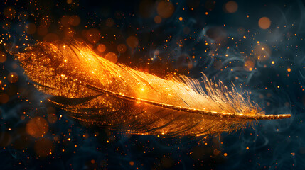 A feather glows with a golden light, surrounded by sparks and glittering particles.