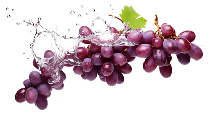Grape sliced pieces flying in the air with water splash isolated on transparent png.
