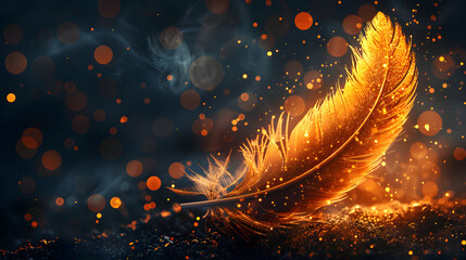 A feather glows with a golden light, surrounded by sparks and glittering particles.