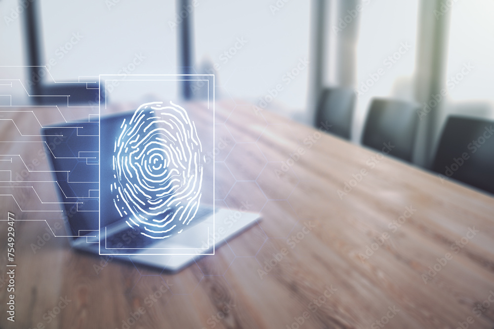 Poster multi exposure of abstract creative fingerprint illustration on modern laptop background, digital ac