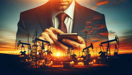 Businessman and Oil Rig Sunset in Technology Fusion - Powered by Adobe