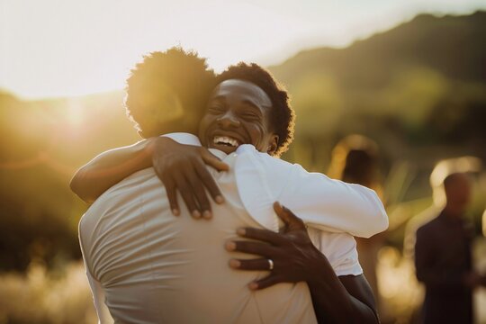 Man warmly hugging his partner at a wedding a moment of joy and lifelong commitment
