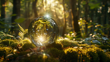 Sunlit Oracle: A Glittering Crystal Ball Amidst Nature's Embrace - obrazy, fototapety, plakaty