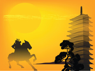 pagoda and horseman at yellow sunset